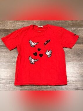 Red Kids Graphic Tee with Dove & Heart Patch
